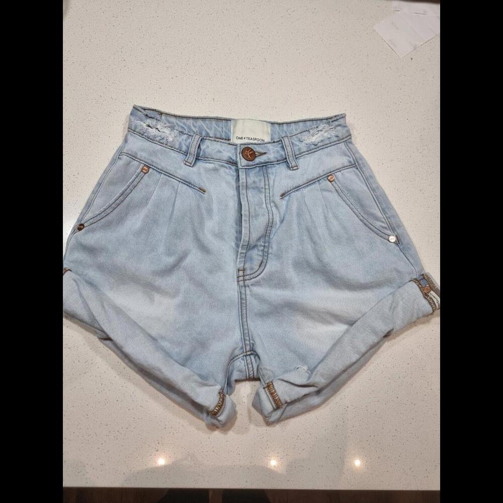 One Teaspoon High Waist Pleated Washed Jean Shorts Size 24 Coastal Cowgirl